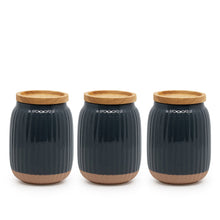 Load image into Gallery viewer, With a soft organic form and hand carved rib texture is salt&pepper's Amana Canister Set. With a distinctive black glaze, matte faux terracotta base and airtight wooden lid, this set of three 10x14cm canisters will store and keep your dry foods fresh. | Bliss Gifts & Homewares | Unit 8, 259 Princes Hwy Ulladulla | South Coast NSW | Online Retail Gift & Homeware Shopping | 0427795959, 44541523