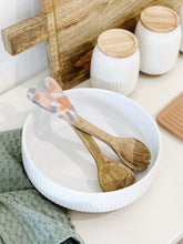 Load image into Gallery viewer, Complete your summer lunch or dinner table spread with a leafy salad easily served with our long handled Phoebe Wooden Salad Server Set. This set includes one serving spoon and one serving fork. Approx 27cm x 8cm.| Bliss Gifts & Homewares | Unit 8, 259 Princes Hwy Ulladulla | South Coast NSW | Online Retail Gift & Homeware Shopping | 0427795959, 44541523