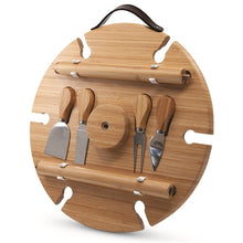 Load image into Gallery viewer, Made from lightweight bamboo, this circular tray includes four stainless steel cheese knives, screw legs in two heights and six openings to safeguard your wine-stemmed glasses – with room for fine cheeses in the middle. BLISS Gifts & Homewares - Online & In-store. AfterPay now available.| Bliss Gifts & Homewares | Unit 8, 259 Princes Hwy Ulladulla | South Coast NSW | Online Retail Gift & Homeware Shopping | 0427795959, 44541523