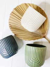 Load image into Gallery viewer, Our charming Sundae Ripple Ceramic Pot has a subtle crackle glaze that perfectly contrasts its textured body and rim. Ideal for displaying small plants and flowers with a drainage hold and plug or use as decorative storage. 13.6 x 12.8cm| Bliss Gifts & Homewares | Unit 8, 259 Princes Hwy Ulladulla | South Coast NSW | Online Retail Gift & Homeware Shopping | 0427795959, 44541523