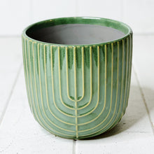 Load image into Gallery viewer, Our charming Sundae Ripple Ceramic Pot has a subtle crackle glaze that perfectly contrasts its textured body and rim. Ideal for displaying small plants and flowers with a drainage hold and plug or use as decorative storage. 13.6 x 12.8cm| Bliss Gifts & Homewares | Unit 8, 259 Princes Hwy Ulladulla | South Coast NSW | Online Retail Gift & Homeware Shopping | 0427795959, 44541523