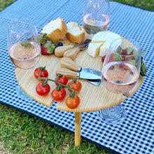 Load image into Gallery viewer, Made from lightweight bamboo, this circular tray includes four stainless steel cheese knives, screw legs in two heights and six openings to safeguard your wine-stemmed glasses – with room for fine cheeses in the middle. BLISS Gifts & Homewares - Online & In-store. AfterPay now available.| Bliss Gifts & Homewares | Unit 8, 259 Princes Hwy Ulladulla | South Coast NSW | Online Retail Gift & Homeware Shopping | 0427795959, 44541523
