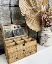 Load image into Gallery viewer, Our Rattan Weave Jewellery Box is a gorgeous piece to have set on your beauty desk or basin. The natural woven rattan detailing with cute brass drawer handles bring this jewellery box together. 36x20x20.| Bliss Gifts & Homewares | Unit 8, 259 Princes Hwy Ulladulla | South Coast NSW | Online Retail Gift & Homeware Shopping | 0427795959, 44541523