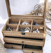 Load image into Gallery viewer, Our Rattan Weave Jewellery Box is a gorgeous piece to have set on your beauty desk or basin. The natural woven rattan detailing with cute brass drawer handles bring this jewellery box together. 36x20x20.| Bliss Gifts & Homewares | Unit 8, 259 Princes Hwy Ulladulla | South Coast NSW | Online Retail Gift & Homeware Shopping | 0427795959, 44541523