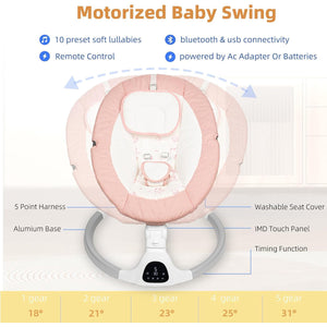 Electric Baby Swing - Touch Screen, 5 Speeds, Portable, Bluetooth, Lullabies, Timer, 5-Point Harness for Infants & Toddlers