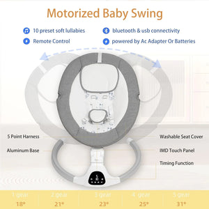 Electric Baby Swing - Touch Screen, 5 Speeds, Portable, Bluetooth, Lullabies, Timer, 5-Point Harness for Infants & Toddlers