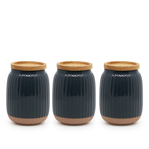 With a soft organic form and hand carved rib texture is salt&pepper's Amana Canister Set. With a distinctive black glaze, matte faux terracotta base and airtight wooden lid, this set of three 10x14cm canisters will store and keep your dry foods fresh. | Bliss Gifts & Homewares | Unit 8, 259 Princes Hwy Ulladulla | South Coast NSW | Online Retail Gift & Homeware Shopping | 0427795959, 44541523