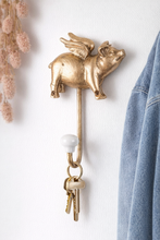Load image into Gallery viewer, Flying Pig Wall Hook – Antique Gold