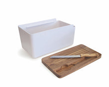 Load image into Gallery viewer, Salt&amp;Pepper&#39;s HUDSON Bread Bin with Wooden Cutting Board is the result of a beautiful combination of acacia wood and a sleek white stainless steel base - Includes bread bin, chopping board and bread knife | Shop online or in-store | AfterPay available | Australia wide Shipping | Unit 8, 259 Princes Hwy Ulladulla | South Coast NSW | 0427795959, 44541523