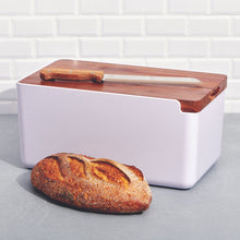 Load image into Gallery viewer, Salt&amp;Pepper&#39;s HUDSON Bread Bin with Wooden Cutting Board is the result of a beautiful combination of acacia wood and a sleek white stainless steel base - Includes bread bin, chopping board and bread knife | Shop online or in-store | AfterPay available | Australia wide Shipping | Unit 8, 259 Princes Hwy Ulladulla | South Coast NSW | 0427795959, 44541523