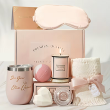 Load image into Gallery viewer, Luxury 7-in-1 Self Care Gift Set (Hamper)– Rose Spa Pamper Box - Bath Bomb, Candle, Tumbler, Silk Eye Mask &amp; More "Gift for Her"