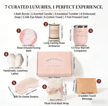 Load image into Gallery viewer, Luxury 7-in-1 Self Care Gift Set (Hamper)– Rose Spa Pamper Box - Bath Bomb, Candle, Tumbler, Silk Eye Mask &amp; More "Gift for Her"