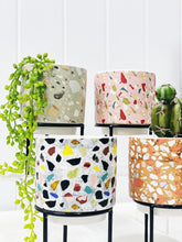 Load image into Gallery viewer, Showcase your favourite plants, succulents, and flowers with the beautiful and unique Terrazzo Pots on Stand in Small. Approx size: 10x10x10cm. Ceramic. Drainage hole and plug for your convenience.| Bliss Gifts &amp; Homewares | Unit 8, 259 Princes Hwy Ulladulla | South Coast NSW | Online Retail Gift &amp; Homeware Shopping | 0427795959, 44541523