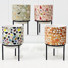 Load image into Gallery viewer, Showcase your favourite plants, succulents, and flowers with the beautiful and unique Terrazzo Pots on Stand in Small. Approx size: 10x10x10cm. Ceramic. Drainage hole and plug for your convenience.| Bliss Gifts &amp; Homewares | Unit 8, 259 Princes Hwy Ulladulla | South Coast NSW | Online Retail Gift &amp; Homeware Shopping | 0427795959, 44541523