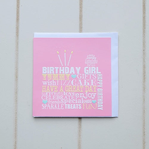 Pink Square Birthday Girl Greeting Card. Celebrate that special birthday girl by giving her this fun birthday card that commemorates all of her best qualities. Don't forget to write a special personal message. | Bliss Gifts & Homewares | Unit 8, 259 Princes Hwy Ulladulla | South Coast NSW | Online Retail Gift & Homeware Shopping | 0427795959, 44541523