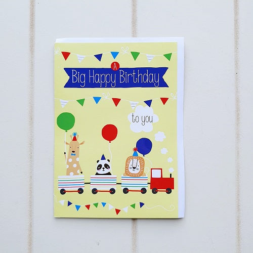 Big Happy Animal Train Birthday Greeting Card. Says on the front, 