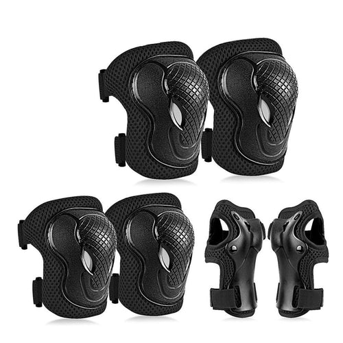 A set of black hoverboard safety gear including helmet, elbow, and knee guards.