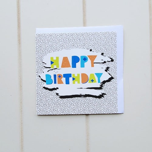 Happy Birthday dashes Greeting Card. Say Happy Birthday to your friends and family with this wonderfully bright birthday card. Inside the card says 