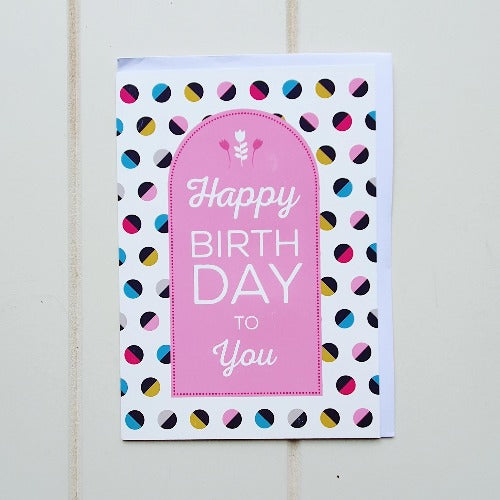 Happy Birthday Pink Doorway Greeting Card. Enjoy giving this tall unique colourful birthday card. Inside the card reads, 