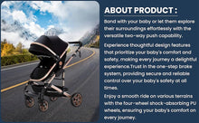Load image into Gallery viewer, Stroller on a road with scenic background and product description text.