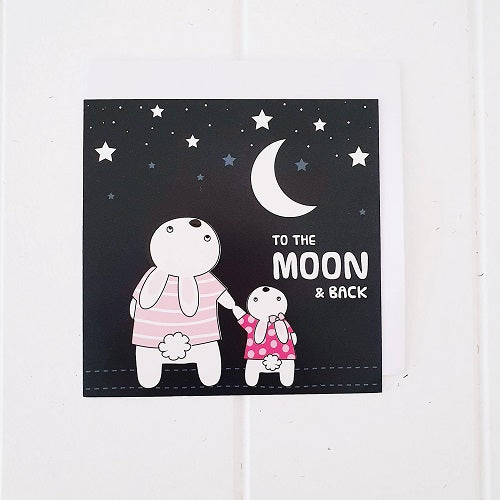 Moon Bunnies All Occasion Greeting Card. Adorable square card that says on the front cover, 