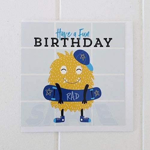 Skater Boy Happy Birthday Greeting Card. Front cover says, 