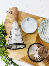 Load image into Gallery viewer, Make a statement in your kitchen with our Acacia and Stainless Steel Grater. A high quality Stainless Steel Grater that is both functional and beautiful with an Acacia wood handle. Non slip silicone base. 26cm. Shop online. | Bliss Gifts &amp; Homewares | Unit 8, 259 Princes Hwy Ulladulla | South Coast NSW | Online Retail Gift &amp; Homeware Shopping | 0427795959, 44541523